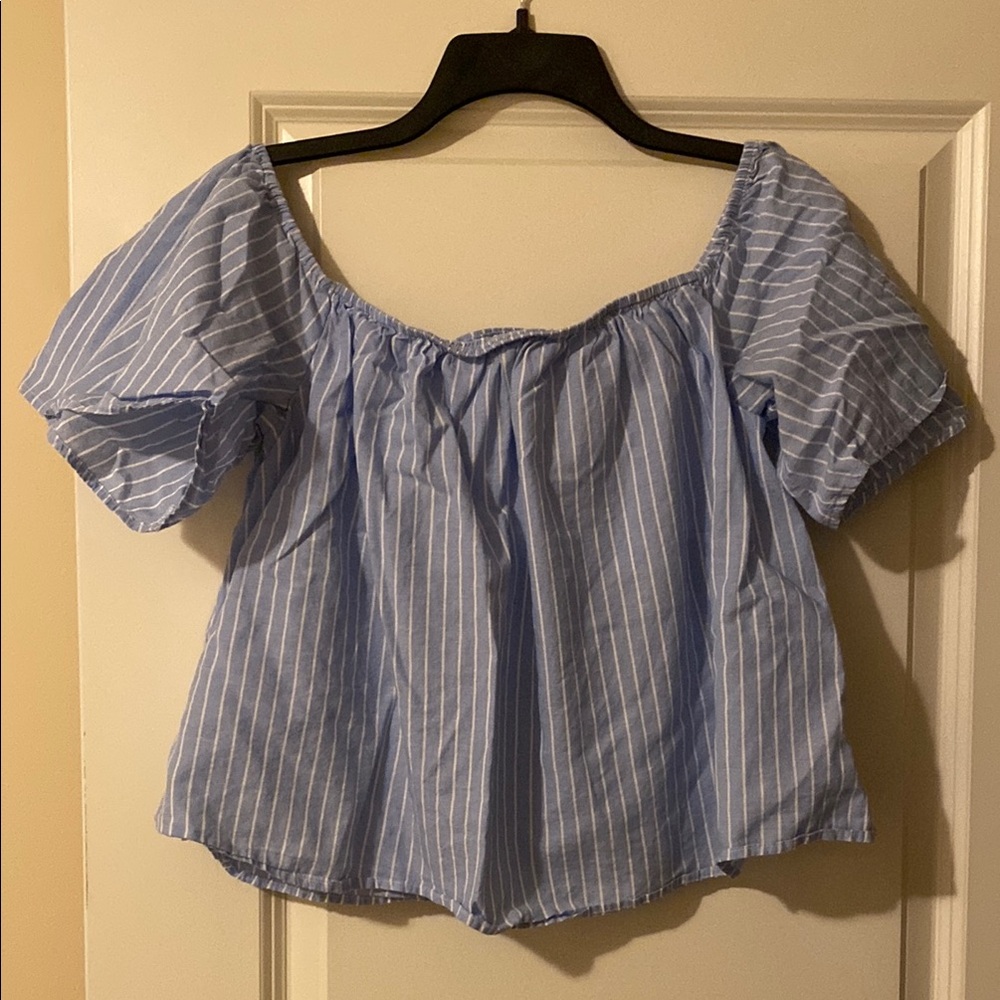 Express Blue and White Puff Sleeve Crop Blouse